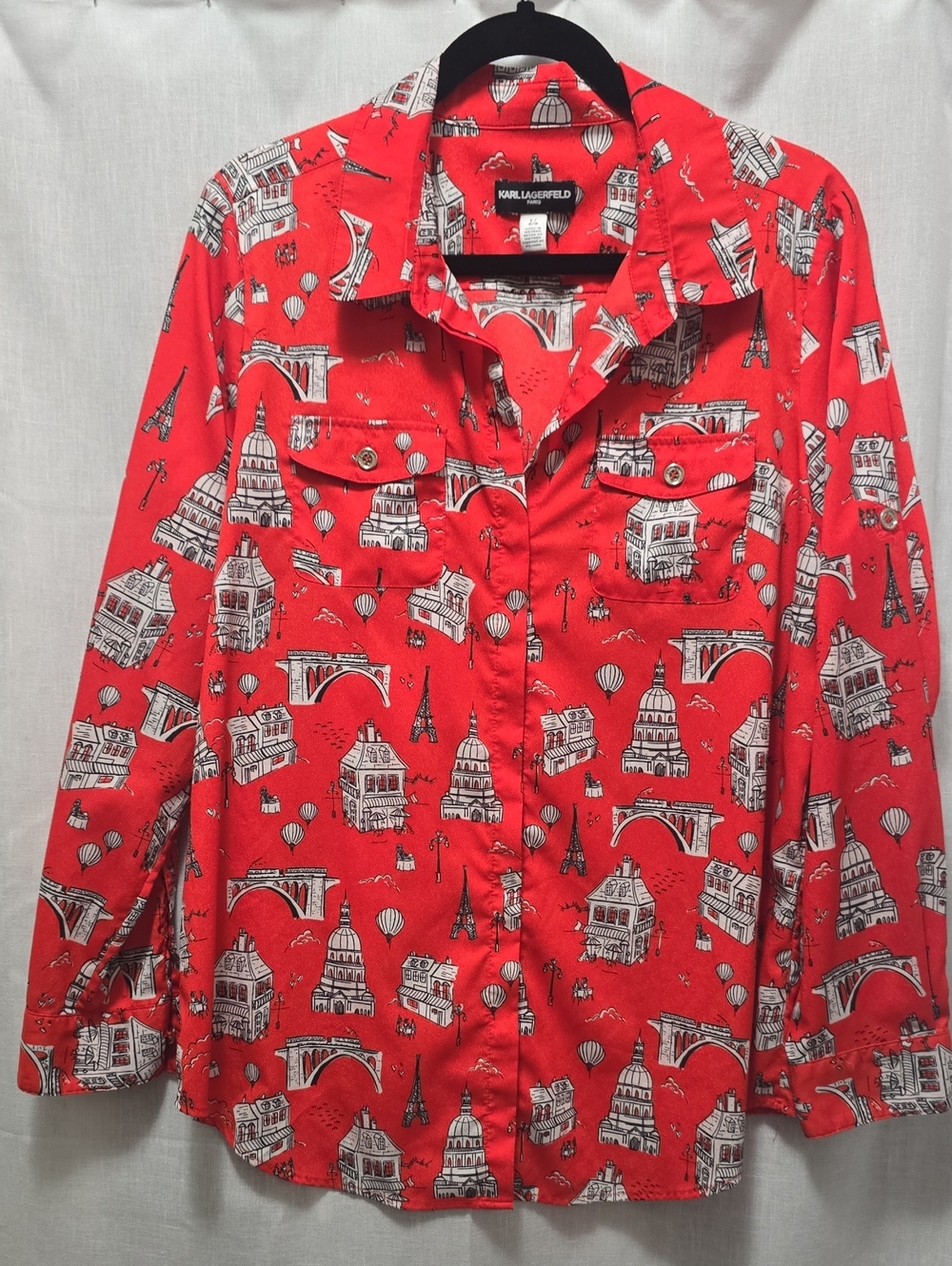 Karl Lagerfeld Red Paris Landmark Print Button-Down Shirt
